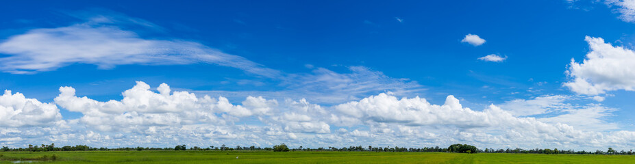Beautiful blue sky background, white clouds covering thinly spread the sky, sky with clouds in the rainy season over the field, Panorama photo.