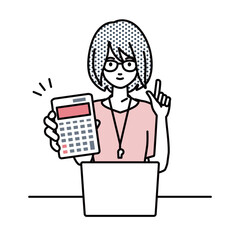 a woman teacher recommending, proposing, showing estimates and pointing a calculator with a smile in front of laptop pc