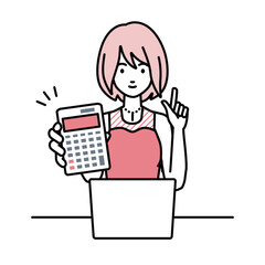 a woman in dress recommending, proposing, showing estimates and pointing a calculator with a smile in front of laptop pc