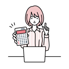 a woman in shirt work style recommending, proposing, showing estimates and pointing a calculator with a smile in front of laptop pc