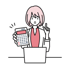 a woman in work jacket style recommending, proposing, showing estimates and pointing a calculator with a smile in front of laptop pc in front of laptop pc