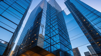 From below of entrance of office building next to contemporary high rise structures with glass mirrored walls and illuminated lights in city against cloudless blue sky. Generative AI