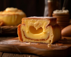 pasticciotto sliced in half, revealing the deliciously rich custard filling inside, on a wooden background