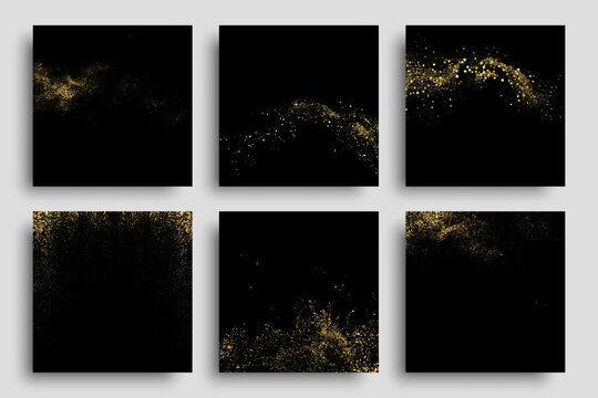 Gold glitter texture on black background. Abstract golden color particles, confetti glitter flow. Festive background set