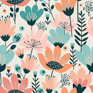 Seamless vector pattern with colorful flowers in a flat style on a light background.