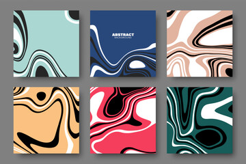 Abstract black and white waves on colored backgrounds,backgrounds collection.Set of liquid art cover textures.