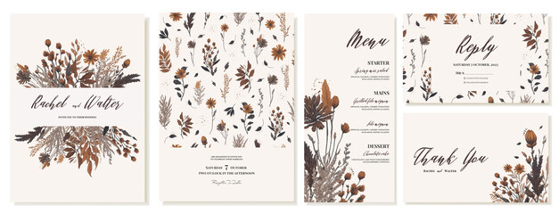Templates for wedding invitations with a boho-inspired autumn bouquet. Brown, gold branches and leaves, pampas grass, dry grass. Boho and rustic wedding. Vector