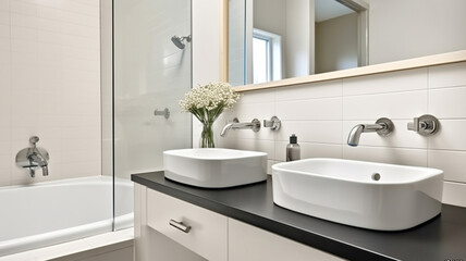 Fototapeta na wymiar White Walls, Bathtub, and Mirror Converge in a Calming Interior Sink Space. Generative AI