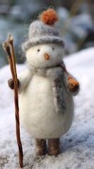 Adorable snowmen in snowy landscape, knitted christmas decoration for a cute winter seasonal scene. Celebration, card. Knitting thread, hobby, yarn.
