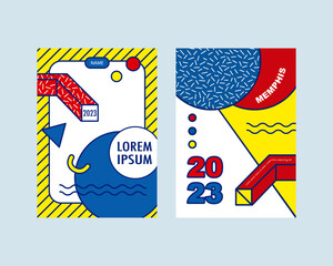 Memphis style brochure cover. Abstract minimalistic patterns and geometric shapes in blue, red and yellow. collection flyers vector graphic design template for print, flyer and poster. CMYK mode.