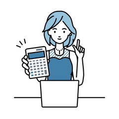 a woman in dress recommending, proposing, showing estimates and pointing a calculator with a smile in front of laptop pc