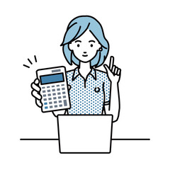 a woman in polo shirt recommending, proposing, showing estimates and pointing a calculator with a smile in front of laptop pc