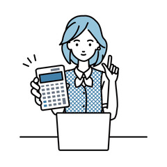 a woman in clerical uniform recommending, proposing, showing estimates and pointing a calculator with a smile in front of laptop pc