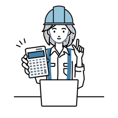 a woman working at construction sites recommending, proposing, showing estimates and pointing a calculator with a smile in front of laptop pc