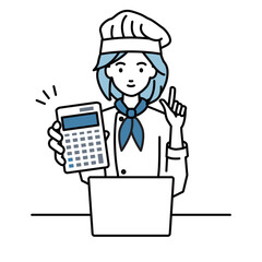 a woman cook recommending, proposing, showing estimates and pointing a calculator with a smile in front of laptop pc