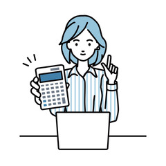 a woman in shirt work style recommending, proposing, showing estimates and pointing a calculator with a smile in front of laptop pc