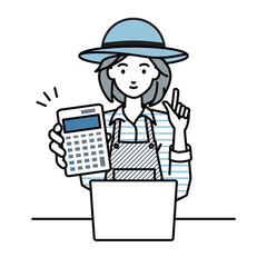 a farmer woman recommending, proposing, showing estimates and pointing a calculator with a smile in front of laptop pc