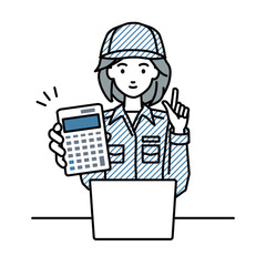 a blue-collar worker woman recommending, proposing, showing estimates and pointing a calculator with a smile in front of laptop pc