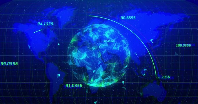 Animation of globe of plexus networks spinning over world map against blue background
