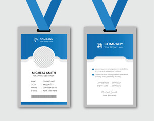 Corporate Modern and simple business office id card design. Modern and minimalist id card template.
Clean and simple corporate company employee id card design.
