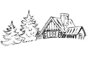 Landscape with Christmas trees and a house