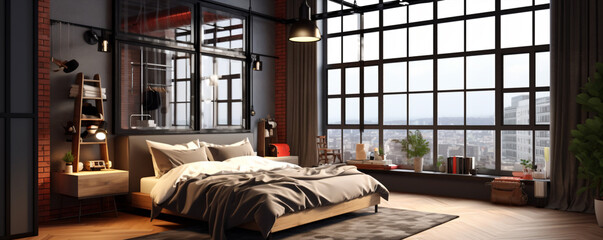 3d rendering of a modern bedroom in a loft style with a large window