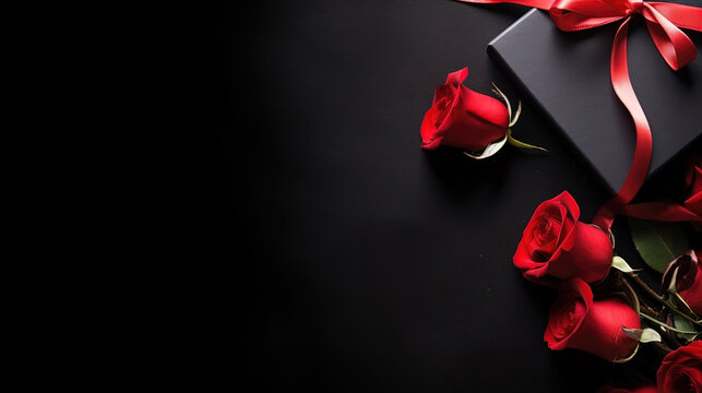 Valentines day border with hearts, gift, red roses on black background with copy space. View from above