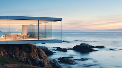 A modern, minimalist glass house set against a backdrop of a picturesque coastline, with waves crashing
