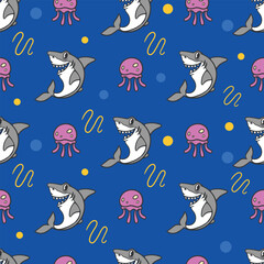 shark and jellyfish cartoon seamless pattern