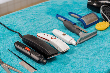 professional tools for grooming animals in the salon scissors comb trimmer claw cutter brush hair...