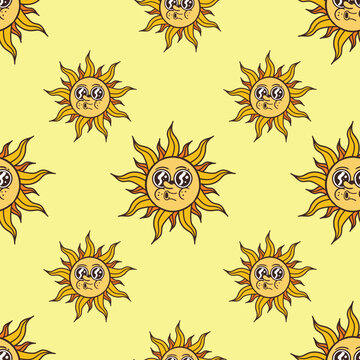 seamless pattern cute sun cartoon character with sunglasses