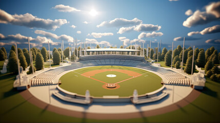Three-dimensional rendering style baseball field, green grass surrounded by trees.