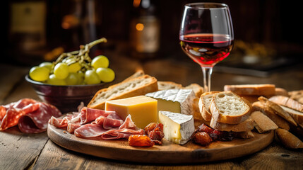 Delightful Delicacies, A Platter of Meat and Cheese with a Wine Glass on a Rustic Wooden Table. Generative AI