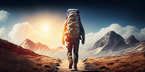 A tourist with a large backpack over his shoulders walks forward along a mountain path, view from the back. Generative AI
