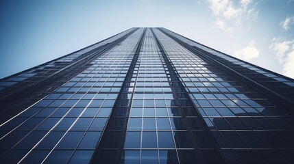 a wallpaper dekstop background photo of a modern office building skyscraper taken from below with blue cloudy sky in the back. aspect ratio 16:9 . Generative AI