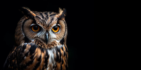 Owl portrait on isolated black background and closeup. Generative AI