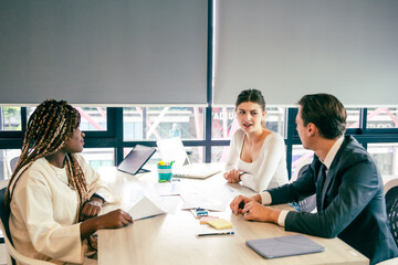 professional business team meeting for creative strategy, teamwork group cooperation brainstorming idea to startup a work to corporate technology project in office, man and woman person are discussion