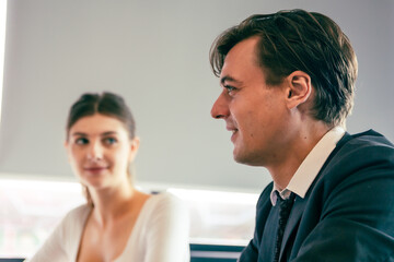 Business financial marketing project strategy plan presentation, Meeting of a corporate man showing finance data to team. Professional accounting management office group collaboration team working