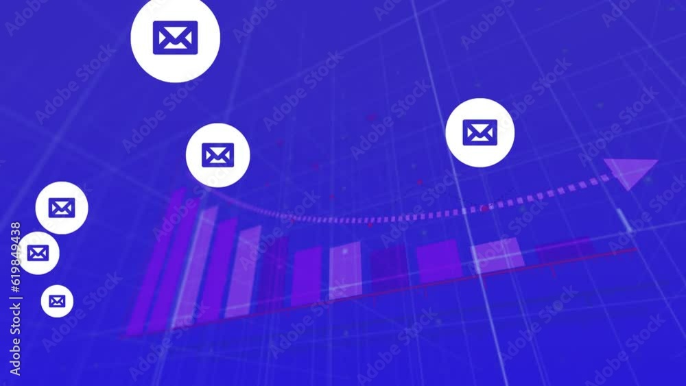 Aufkleber animation of message icons floating over statistical data processing against blue background