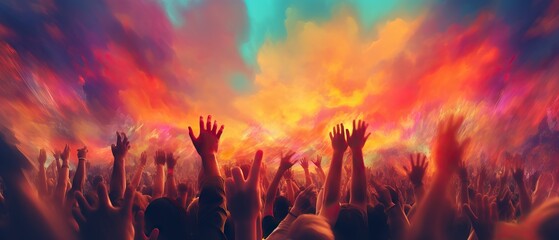 Cheering crowd with hands in air at music festival in front of musical stage, Generative AI - obrazy, fototapety, plakaty
