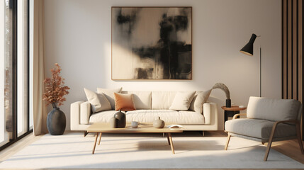 Stylish Living Room Interior with an Abstract Frame Poster, Modern Interior Design, 3D Render, 3D Illustration