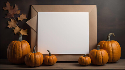 Halloween pumpkins on a wooden desk with white paper and copy space. AI generated.