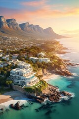 Naklejka premium Spectacular Camps Bay, Cape Town Aerial View of Sun-Kissed Bliss, Beautiful Lighting, and Architectural Grandeur! Created using generative AI