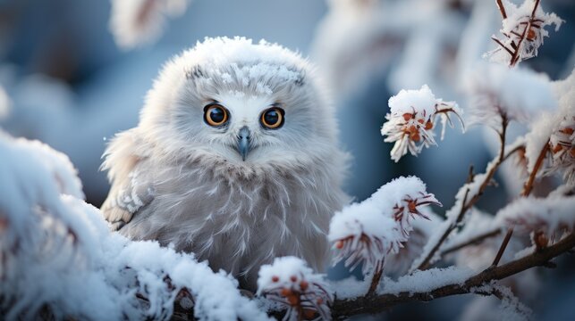 Baby Schnee-Eule vor winterlichem Wald-Hintergrund auf Ast mit Schnee, Generative AI
