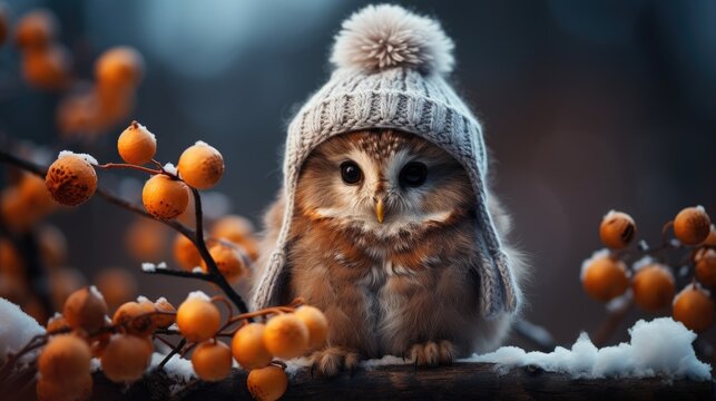 Niedliche Baby Eule mit Pudelm&uuml;tze vor winterlichem Wald-Hintergrund mit Beeren, Generative AI