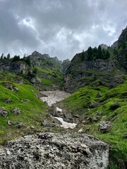 mountain landscape with river, Morar Ridge, Bucegi Mountains, Romania 