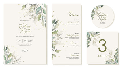 Wedding invitation template set. Сard, menu, sticker, guest table number. Vector