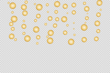 Voluminous yellow balls of different sizes fall from above on a transparent background