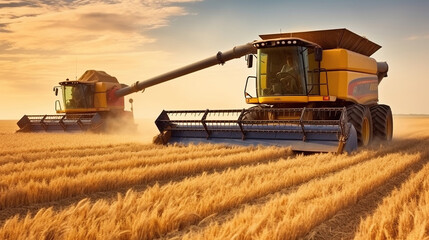 Fototapeta premium Combine harvesting wheat. Generative AI