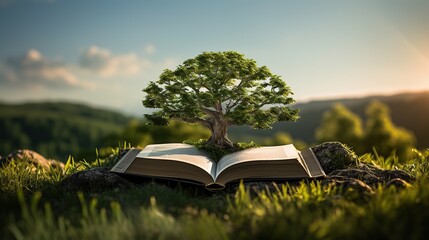 open book with tree Generative AI - obrazy, fototapety, plakaty